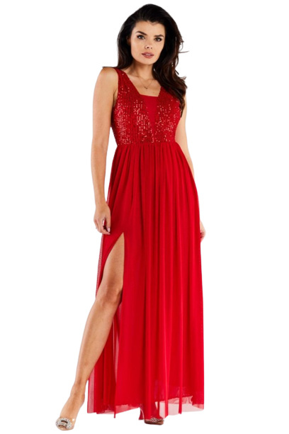 Sukienka elegancka maxi na ramiączkach odkryte plecy cekiny czerwona